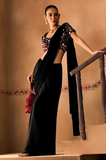 Shop 1999ad By Amita & Deepak Black Satin Embroidery, Beads, Sequins V-neck Blouse With Pre-draped Saree Shop_1999ad By Amita & Deepak_Black Satin Embroidery, Beads, Sequins V-neck Blouse With Pre-draped Saree