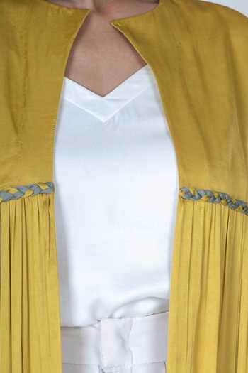 Neora By Nehal Chopra Yellow Bemberg Modal Silk, Lining Butter Crepe Braided Lace Pleated Solid Cape For Kids Online at Aza Fashions Neora By Nehal Chopra_Yellow Bemberg Modal Silk, Lining Butter Crepe Braided Lace Pleated Solid Cape For Kids_Online_at_Aza_Fashions