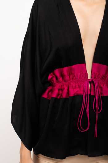 Neora By Nehal Chopra_Black Bemberg Modal Silk, Lining  Butter Crepe Ruched Asymmetrical Short Cape For Kids_Online_at_Aza_Fashions