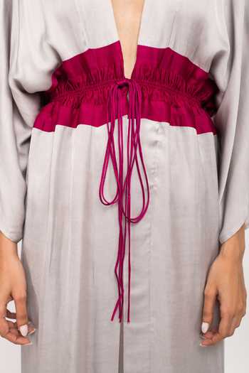 Neora By Nehal Chopra_Grey Bemberg Modal Silk, Lining  Butter Crepe Ruched Asymmetrical Cape For Kids_Online_at_Aza_Fashions