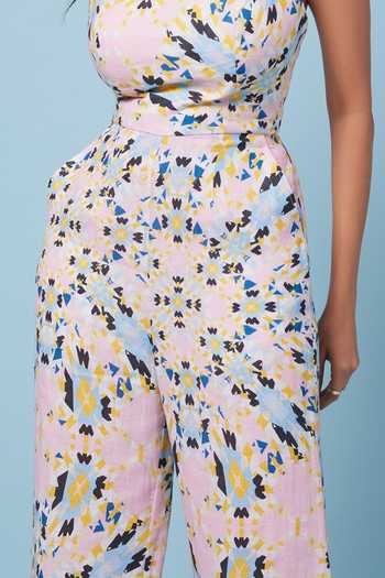 Senren By Eshana Raut_Pink Linen Abstract Geometric Print Spaghetti Strap Jumpsuit For Kids_Online_at_Aza_Fashions