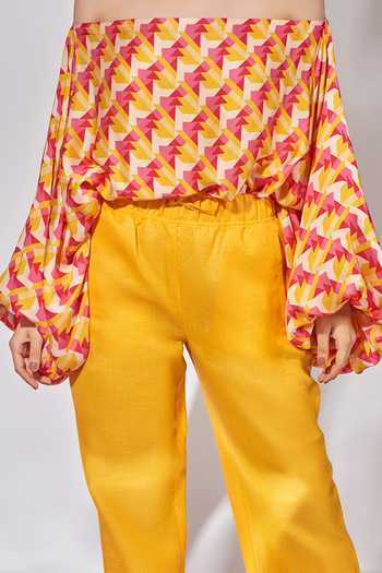 Senren By Eshana Raut_Yellow Pants Linen, Top Crepe Geometric Pattern Off Shoulder And Set For Kids_Online_at_Aza_Fashions