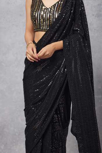 Senren By Eshana Raut_Black Blouse Net, Saree Lycra Sequin, Coin Pre-draped Embellished With For Kids_Online_at_Aza_Fashions