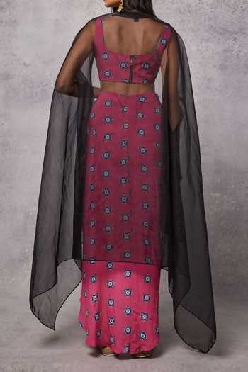 Senren By Eshana Raut Sheer Cape & Geometric Motif Print Skirt Set For Kids
