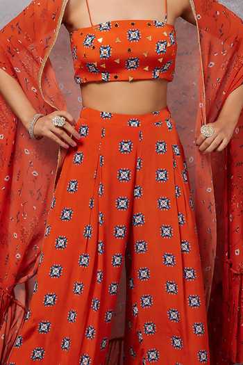 Senren By Eshana Raut_Orange Bustier , Cape Georgette, Pant Flower, Print And Set For Kids_Online_at_Aza_Fashions
