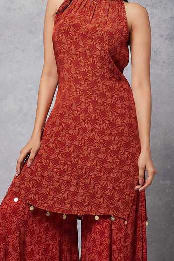 Senren By Eshana Raut_Red Crepe Swirl Line Print Kurta With Sharara For Kids_Online_at_Aza_Fashions