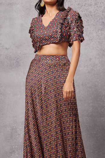 Senren By Eshana Raut_Maroon Modal Satin Kaleidoscope Print Blouse With Lehenga For Kids_Online_at_Aza_Fashions