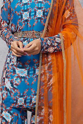Senren By Eshana Raut Abstract Geometric Print Kurti & Gharara Set For Kids