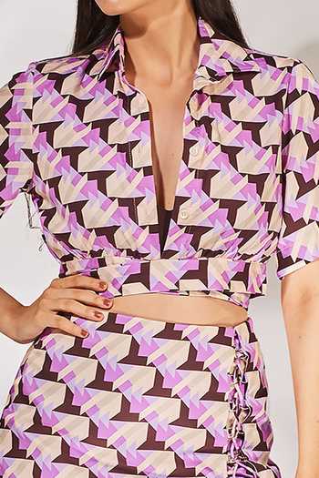 Senren By Eshana Raut_Purple Cotton Geometric Print Cropped Shirt With Midi Skirt For Kids_Online_at_Aza_Fashions