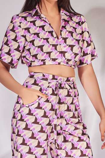 Senren By Eshana Raut_Purple Cotton Geometric Print Cropped Shirt With Pant For Kids_Online_at_Aza_Fashions