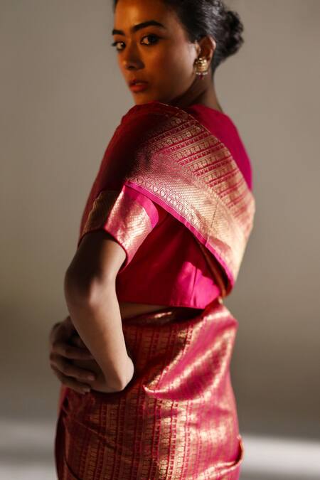 Buy_Mimamsaa_Magenta Woven Tasia Brocade Silk Saree With Unstitched Blouse Piece _Online_at_Aza_Fashions