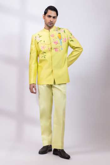 Smriti By Anju Agarwal The Green Aviary Chanderi Silk Bandhgala & Pant Set 