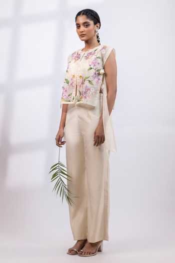 Buy_Smriti By Anju Agarwal_Cream Silk, Organza Round , Keyhole Garden Embroidered Cape Pant Set 
