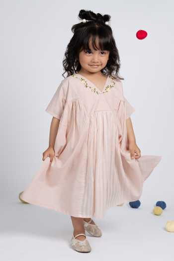 Buy_OurDve_Pink Cotton Embroidered Dress _Online_at_Aza_Fashions