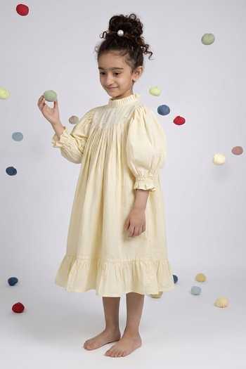 OurDve Embroidered Cotton Ruffled High-Neck Dress 