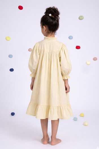 OurDve Embroidered Cotton Ruffled High-Neck Dress 
