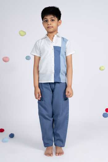 OurDve_Blue Cotton Color Block Shirt And Pant Set _Online_at_Aza_Fashions
