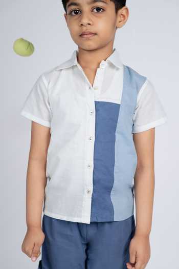 Buy_OurDve_Blue Cotton Color Block Shirt And Pant Set _Online_at_Aza_Fashions