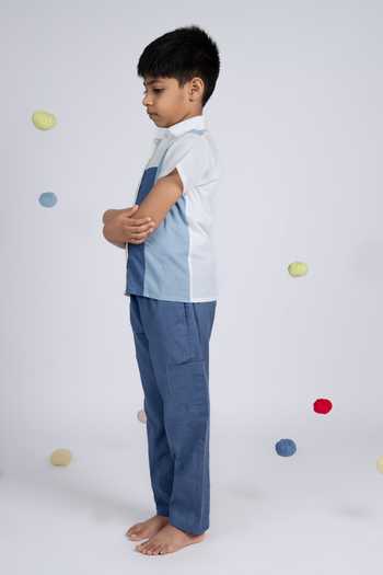 Shop_OurDve_Blue Cotton Color Block Shirt And Pant Set _Online_at_Aza_Fashions