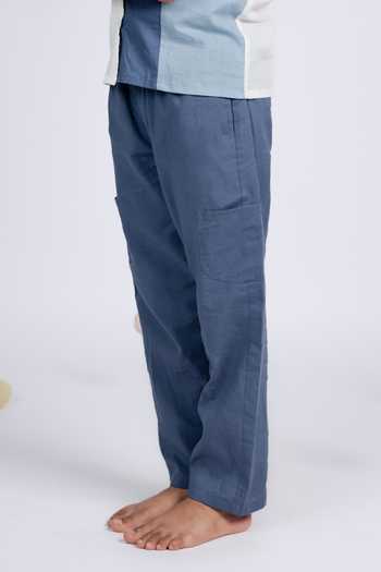 OurDve_Blue Cotton Color Block Shirt And Pant Set _at_Aza_Fashions
