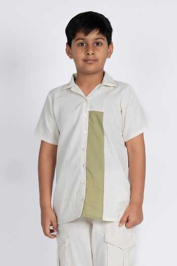Buy_OurDve_Green Colour Blocked Hand Woven Shirt And Pant Set _Online_at_Aza_Fashions