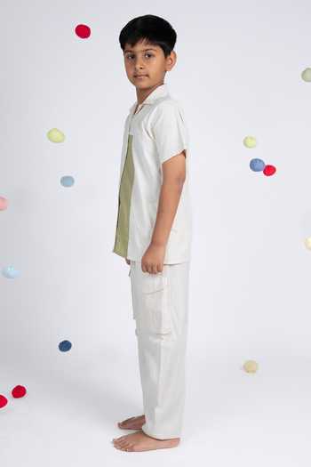 OurDve_Green Color Block Hand Woven Shirt _Online_at_Aza_Fashions