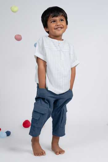 OurDve_White Cotton Striped Shirt And Pant Set _Online_at_Aza_Fashions