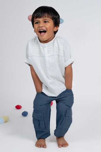 OurDve_White Cotton Striped Shirt And Pant Set _at_Aza_Fashions