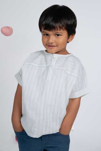 Buy_OurDve_White Cotton Striped Shirt And Pant Set 