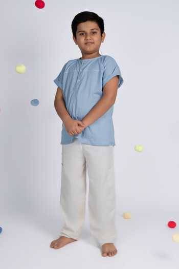 Buy_OurDve_Blue Cotton Kantha Embroidered Shirt And Pant Set _Online_at_Aza_Fashions