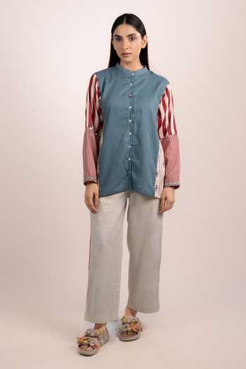 OurDve Blue Modal Mandarin Collar Lyra Ajrakh Placement Print Shirt Online at Aza Fashions OurDve_Blue Modal Mandarin Collar Lyra Ajrakh Placement Print Shirt _Online_at_Aza_Fashions