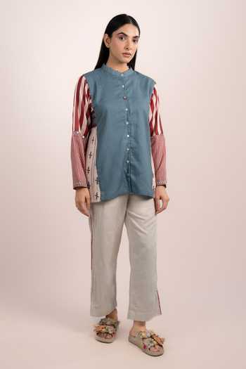 Buy OurDve Blue Modal Mandarin Collar Lyra Ajrakh Placement Print Shirt Online at Aza Fashions Buy_OurDve_Blue Modal Mandarin Collar Lyra Ajrakh Placement Print Shirt _Online_at_Aza_Fashions