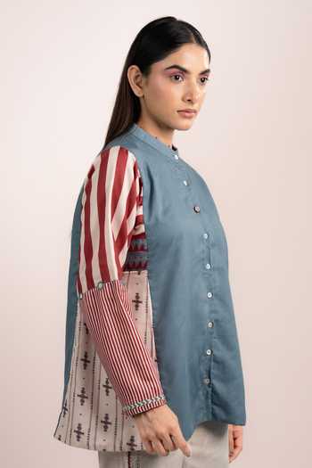 Shop OurDve Blue Modal Mandarin Collar Lyra Ajrakh Placement Print Shirt Online at Aza Fashions Shop_OurDve_Blue Modal Mandarin Collar Lyra Ajrakh Placement Print Shirt _Online_at_Aza_Fashions