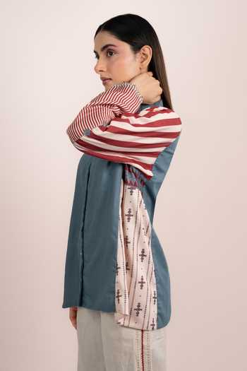 OurDve Blue Modal Mandarin Collar Lyra Ajrakh Placement Print Shirt at Aza Fashions OurDve_Blue Modal Mandarin Collar Lyra Ajrakh Placement Print Shirt _at_Aza_Fashions