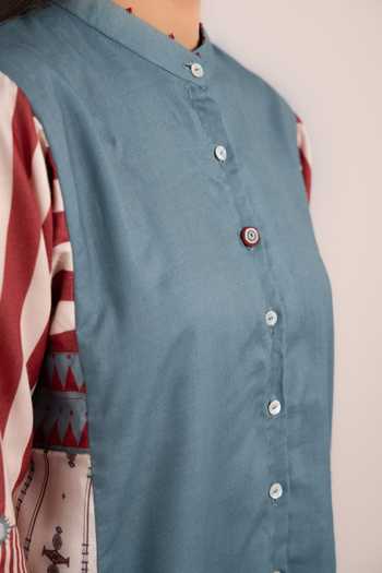 Buy OurDve Blue Modal Mandarin Collar Lyra Ajrakh Placement Print Shirt Buy_OurDve_Blue Modal Mandarin Collar Lyra Ajrakh Placement Print Shirt