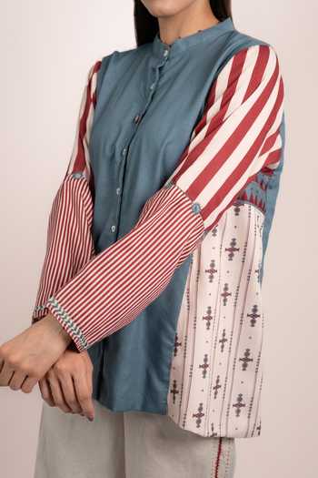 Shop OurDve Blue Modal Mandarin Collar Lyra Ajrakh Placement Print Shirt Shop_OurDve_Blue Modal Mandarin Collar Lyra Ajrakh Placement Print Shirt