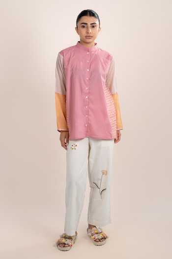 OurDve Pink Cotton Mandarin Collar Lyra Placement Printed Shirt Online at Aza Fashions OurDve_Pink Cotton Mandarin Collar Lyra Placement Printed Shirt _Online_at_Aza_Fashions