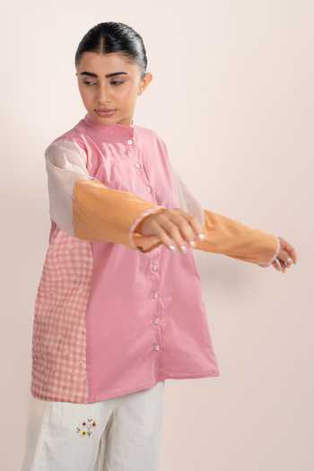 Buy OurDve Pink Cotton Mandarin Collar Lyra Placement Printed Shirt Online at Aza Fashions Buy_OurDve_Pink Cotton Mandarin Collar Lyra Placement Printed Shirt _Online_at_Aza_Fashions