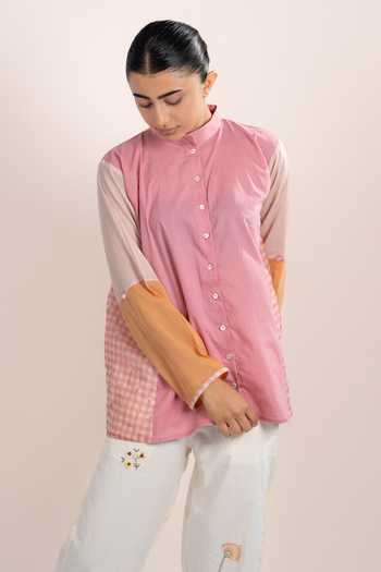 Shop OurDve Pink Cotton Mandarin Collar Lyra Placement Printed Shirt Online at Aza Fashions Shop_OurDve_Pink Cotton Mandarin Collar Lyra Placement Printed Shirt _Online_at_Aza_Fashions