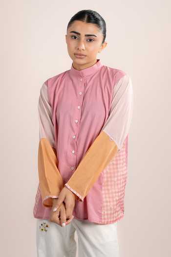 OurDve Pink Cotton Mandarin Collar Lyra Placement Printed Shirt at Aza Fashions OurDve_Pink Cotton Mandarin Collar Lyra Placement Printed Shirt _at_Aza_Fashions