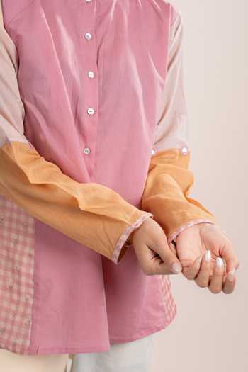 Shop OurDve Pink Cotton Mandarin Collar Lyra Placement Printed Shirt Shop_OurDve_Pink Cotton Mandarin Collar Lyra Placement Printed Shirt
