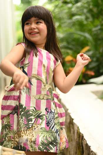 Buy_JANYAS CLOSET_Pink Cotton Jungle Print Dress _Online_at_Aza_Fashions