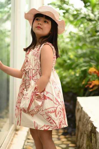 JANYAS CLOSET_Red Cotton Leaf Print Dress  _Online_at_Aza_Fashions