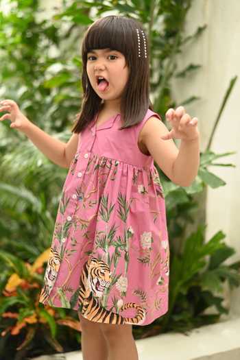 JANYAS CLOSET_Mauve Cotton Tiger Garden Print Dress _Online_at_Aza_Fashions