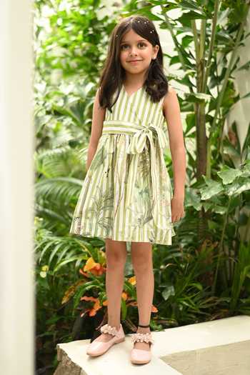 JANYAS CLOSET_Green Cotton Stripe Print Dress With Belt _Online_at_Aza_Fashions