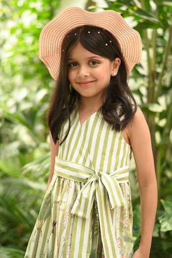 Buy_JANYAS CLOSET_Green Cotton Stripe Print Dress With Belt _Online_at_Aza_Fashions