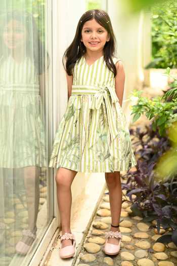 Shop_JANYAS CLOSET_Green Cotton Stripe Print Dress With Belt _Online_at_Aza_Fashions
