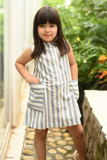 JANYAS CLOSET_Blue Cotton Stripe Print Dress _at_Aza_Fashions