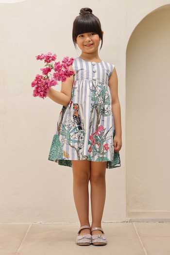 JANYAS CLOSET_Blue Cotton Stripe Jungle Floral Print Dress _Online_at_Aza_Fashions