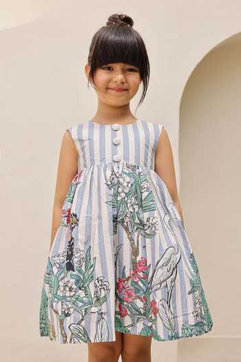 Buy_JANYAS CLOSET_Blue Cotton Stripe Jungle Floral Print Dress _Online_at_Aza_Fashions